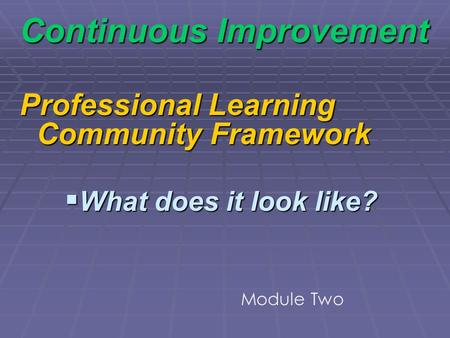 Continuous Improvement Professional Learning Community Framework What does it look like? What does it look like? Module Two.