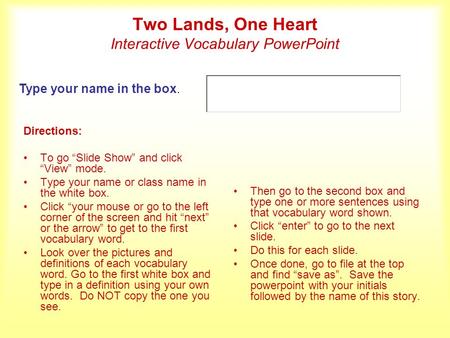 Two Lands, One Heart Interactive Vocabulary PowerPoint