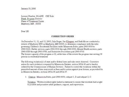 Viol. No. Applicable Law or Rule Requirement Item met or not met Corr on site Sub req Notes 8/1/05 checklist CHILDREN'S RESIDENTIAL FACILITIES PHYSICAL.