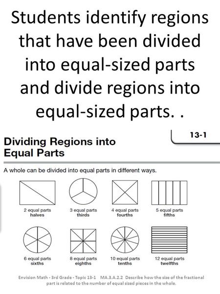 Students identify regions that have been divided into equal-sized parts and divide regions into equal-sized parts. . Envision Math - 3rd Grade - Topic.