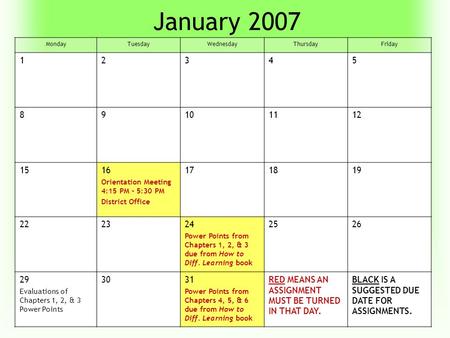 January 2007 MondayTuesdayWednesdayThursdayFriday 12345 89101112 1516 Orientation Meeting 4:15 PM – 5:30 PM District Office 171819 222324 Power Points.