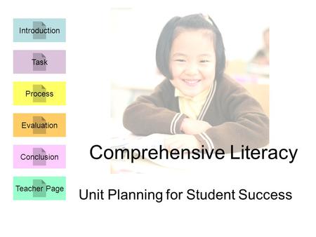 Comprehensive Literacy Unit Planning for Student Success Introduction Task Process Evaluation Conclusion Teacher Page.