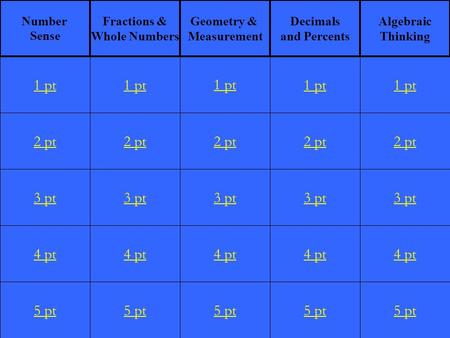 2 pt 3 pt 4 pt 5 pt 1 pt 2 pt 3 pt 4 pt 5 pt 1 pt 2 pt 3 pt 4 pt 5 pt 1 pt 2 pt 3 pt 4 pt 5 pt 1 pt 2 pt 3 pt 4 pt 5 pt 1 pt Number Sense Fractions & Whole.