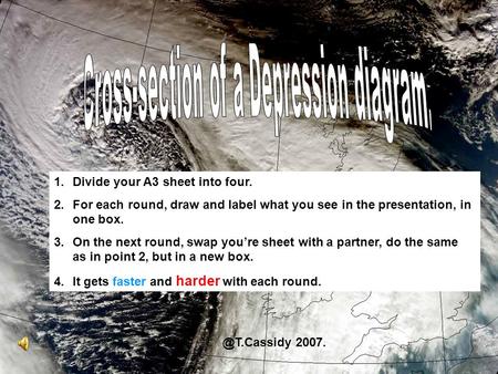 1.Divide your A3 sheet into four. 2.For each round, draw and label what you see in the presentation, in one box. 3.On the next round, swap youre sheet.