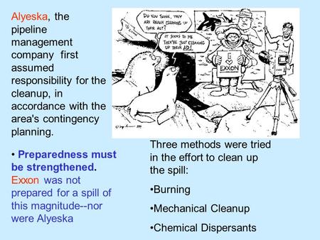 Alyeska, the pipeline management company first assumed responsibility for the cleanup, in accordance with the area's contingency planning. Three methods.