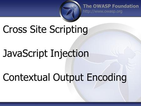 The OWASP Foundation  Cross Site Scripting JavaScript Injection Contextual Output Encoding.