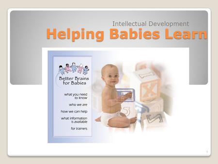 Helping Babies Learn Intellectual Development 1. Objectives: Discuss ways parents and caregivers can help babies intellectual growth Identify toys suitable.