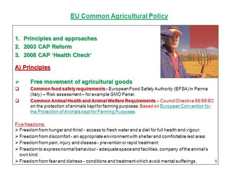 EU Common Agricultural Policy 1.Principles and approaches 2.2003 CAP Reform 3.2008 CAP ‘Health Check‘ А) Principles  Free movement of agricultural goods.