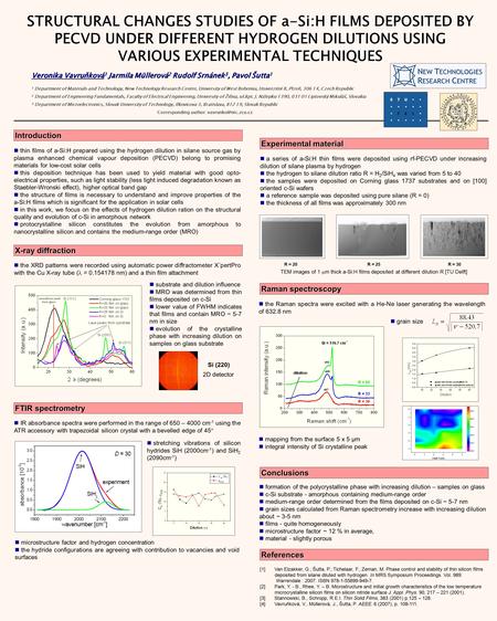 STRUCTURAL CHANGES STUDIES OF a-Si:H FILMS DEPOSITED BY PECVD UNDER DIFFERENT HYDROGEN DILUTIONS USING VARIOUS EXPERIMENTAL TECHNIQUES Veronika Vavruňková.