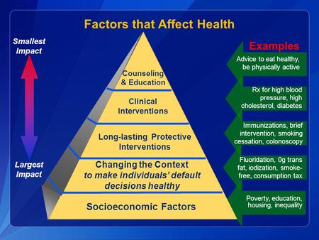 Largest Impact Smallest Impact Examples Advice to eat healthy, be physically active Rx for high blood pressure, high cholesterol, diabetes Poverty, education,