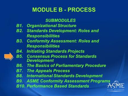 MODULE B - PROCESS SUBMODULES B1.Organizational Structure B2.Standards Development: Roles and Responsibilities B3.Conformity Assessment: Roles and Responsibilities.