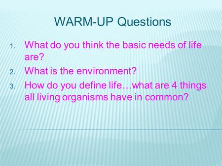 WARM-UP Questions What do you think the basic needs of life are?