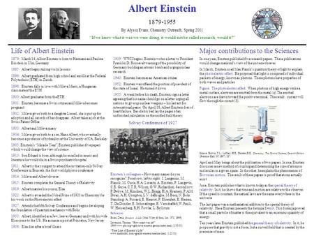 Albert Einstein 1879-1955 By Alyssa Evans, Chemistry Outreach, Spring 2001 “If we knew what it was we were doing, it would not be called research, would.