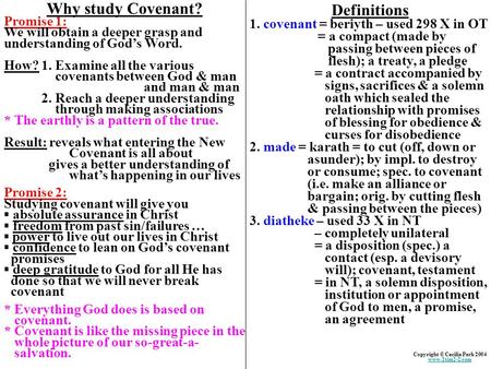 Why study Covenant? Promise 1: We will obtain a deeper grasp and understanding of God’s Word. How? 1. Examine all the various covenants between God & man.