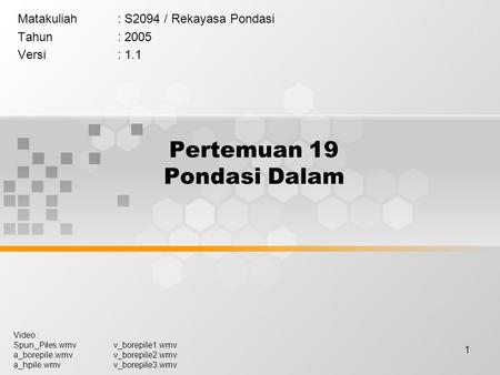 1 Pertemuan 19 Pondasi Dalam Matakuliah: S2094 / Rekayasa Pondasi Tahun: 2005 Versi: 1.1 Video : Spun_Piles.wmvv_borepile1.wmv a_borepile.wmvv_borepile2.wmv.