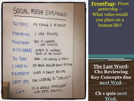 FrontPage: From yesterday – What value would you place on a human life? The Last Word: Ch1 Reviewing Key Concepts due next Wed. Ch 1 quiz next Wed.