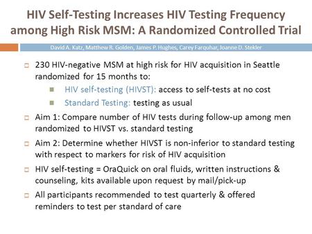 HIV Self-Testing Increases HIV Testing Frequency among High Risk MSM: A Randomized Controlled Trial  230 HIV-negative MSM at high risk for HIV acquisition.