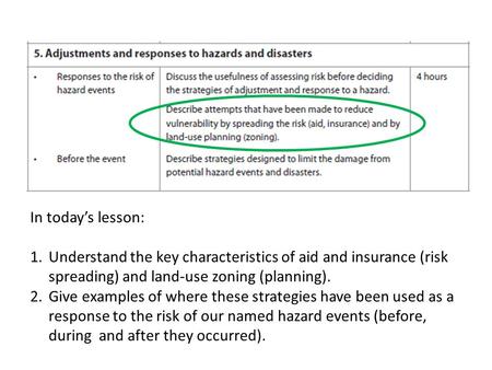 In today’s lesson: 1.Understand the key characteristics of aid and insurance (risk spreading) and land-use zoning (planning). 2.Give examples of where.