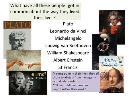 What have all these people got in common about the way they lived their lives? Plato Leonardo da Vinci Michelangelo Ludwig van Beethoven William Shakespeare.