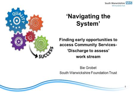 ‘Navigating the System’ Finding early opportunities to access Community Services- ‘Discharge to assess’ work stream Bie Grobet South Warwickshire Foundation.