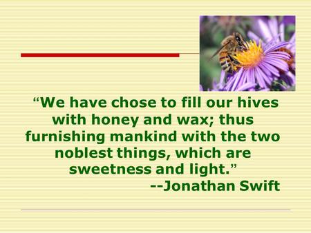 “ We have chose to fill our hives with honey and wax; thus furnishing mankind with the two noblest things, which are sweetness and light. ” --Jonathan.