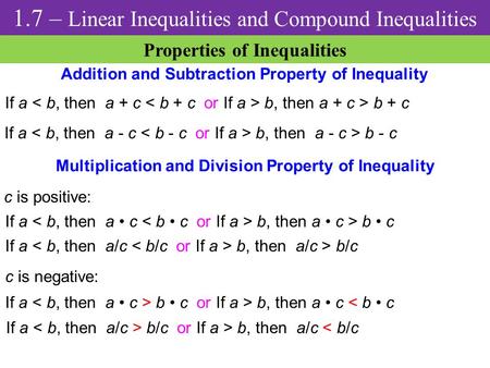 1.7 – Linear Inequalities and Compound Inequalities