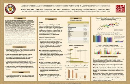 ASSESSING ADULT LEARNING PREFERENCE FOR SUCCESSFUL WOUND CARE IN A COMPREHENSIVE WOUND CENTER Ranjita Misra, PhD, CHES 1, Lynn Lambert, BS, CWS. CHT 3,