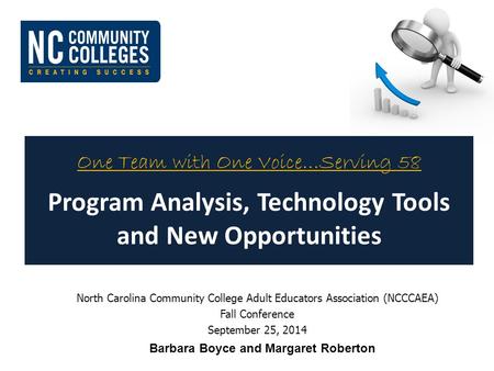 One Team with One Voice…Serving 58 Program Analysis, Technology Tools and New Opportunities North Carolina Community College Adult Educators Association.