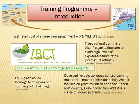 Training Programme – Introduction Training Programme – Introduction Estimated cost of a three year assignment = $ 1 MILLION (Source: Brewster 2001) Done.