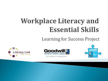 Learning for Success Project.  One-year, condensed project  Project partners:  Literacy Link South Central  Goodwill Ontario Great Lakes retail stores.