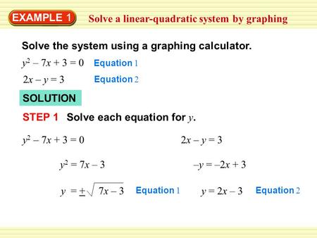 EXAMPLE 1 Solve a linear-quadratic system by graphing Solve the system using a graphing calculator. y 2 – 7x + 3 = 0 Equation 1 2x – y = 3 Equation 2 SOLUTION.