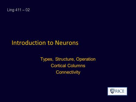 Introduction to Neurons Types, Structure, Operation Cortical Columns Connectivity Ling 411 – 02.