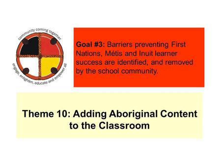 Theme 10: Adding Aboriginal Content to the Classroom Goal #3: Barriers preventing First Nations, Métis and Inuit learner success are identified, and removed.