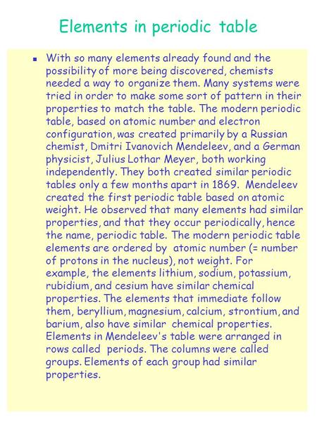 Elements in periodic table