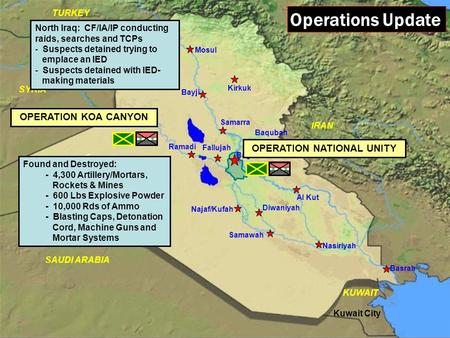 Kirkuk Bayji IRAN Samarra Baqubah Kuwait City KUWAIT Al Kut Diwaniyah Najaf/Kufah Nasiriyah Basrah Samawah SYRIA Ramadi Baghdad Fallujah TURKEY Mosul SAUDI.