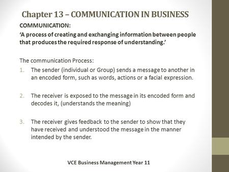 Chapter 13 – COMMUNICATION IN BUSINESS