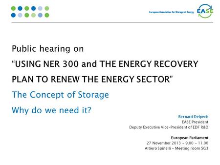 Public hearing on “USING NER 300 and THE ENERGY RECOVERY PLAN TO RENEW THE ENERGY SECTOR” The Concept of Storage Why do we need it? Bernard Delpech EASE.