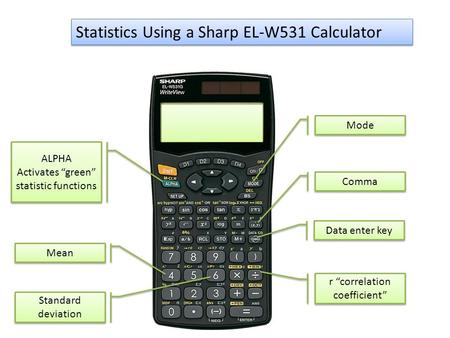 Data enter key Comma r “correlation coefficient” ALPHA Activates “green” statistic functions ALPHA Activates “green” statistic functions Mean Standard.