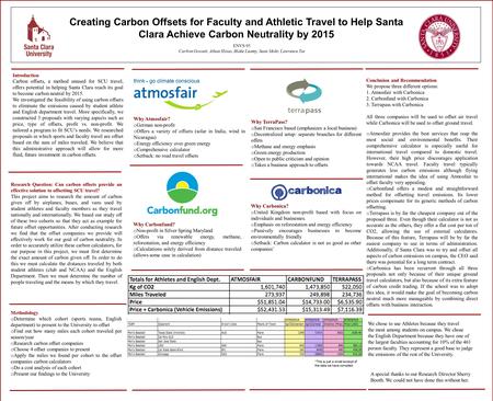 Introduction Carbon offsets, a method unused for SCU travel, offers potential in helping Santa Clara reach its goal to become carbon neutral by 2015. We.