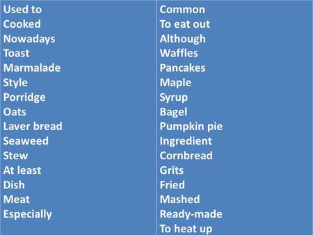 Used to Cooked Nowadays Toast Marmalade Style Porridge Oats Laver bread Seaweed Stew At least Dish Meat Especially Common To eat out Although Waffles Pancakes.