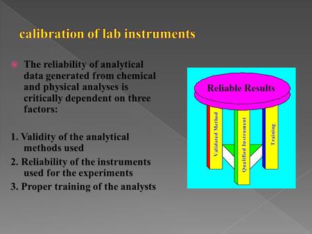  The reliability of analytical data generated from chemical and physical analyses is critically dependent on three factors: 1. Validity of the analytical.