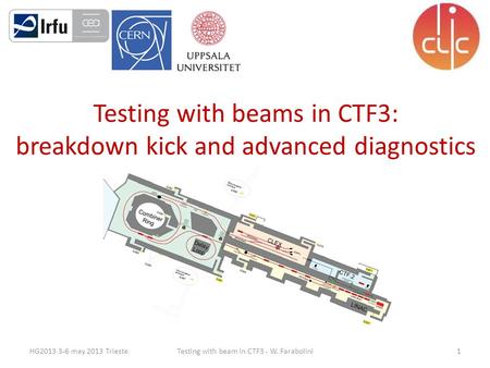 1HG2013 3-6 may 2013 TriesteTesting with beam in CTF3 - W. Farabolini Testing with beams in CTF3: breakdown kick and advanced diagnostics.