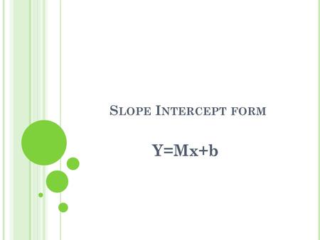 S LOPE I NTERCEPT FORM Y=Mx+b. m is the slope and b gives the y-intercept. Once the slope is given it is fairly easy to find which y equals. X and.