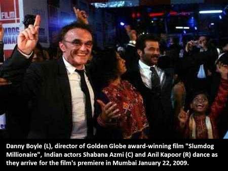 Danny Boyle (L), director of Golden Globe award-winning film Slumdog Millionaire, Indian actors Shabana Azmi (C) and Anil Kapoor (R) dance as they arrive.