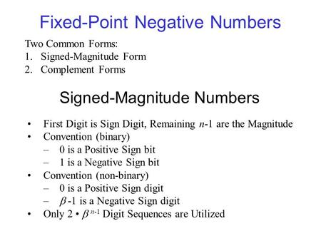 Fixed-Point Negative Numbers Two Common Forms: 1.Signed-Magnitude Form 2.Complement Forms Signed-Magnitude Numbers First Digit is Sign Digit, Remaining.