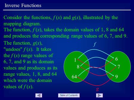 Table of Contents Inverse Functions Consider the functions, f (x) and g(x), illustrated by the mapping diagram. 1 6 87 649 f The function, f (x), takes.