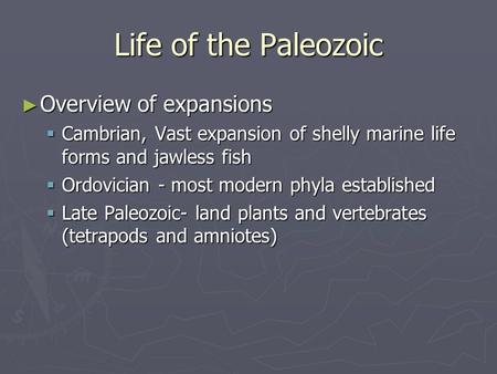 Life of the Paleozoic ► Overview of expansions  Cambrian, Vast expansion of shelly marine life forms and jawless fish  Ordovician - most modern phyla.