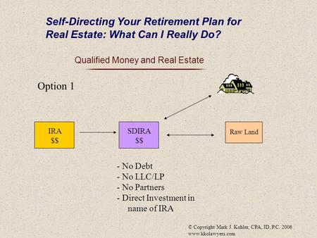 © Copyright Mark J. Kohler, CPA, JD, P.C. 2006 www.kkolawyers.com Qualified Money and Real Estate Option 1 IRA $$ SDIRA $$ Raw Land - No Debt - No LLC/LP.