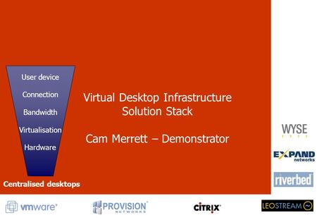 Virtual Desktop Infrastructure Solution Stack Cam Merrett – Demonstrator User device Connection Bandwidth Virtualisation Hardware Centralised desktops.