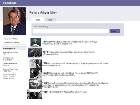 Fakebook Richard Milhous Nixon View photos of Richard Send Richard a message Wall Info Write something… Share Information Presidential Number: 37 th Political.